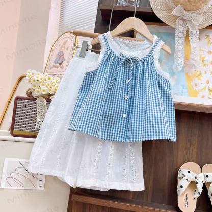 Toddler Girl Gingham Lace Bow Tank Top and Pants Set - Blue - 8-9T - image 1