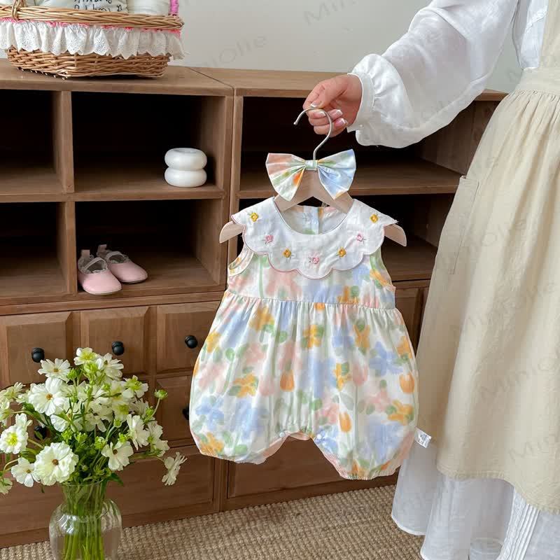 Baby Girl Floral Ruffle Sleeveless Romper with Headband - White - 18-24M - image 1