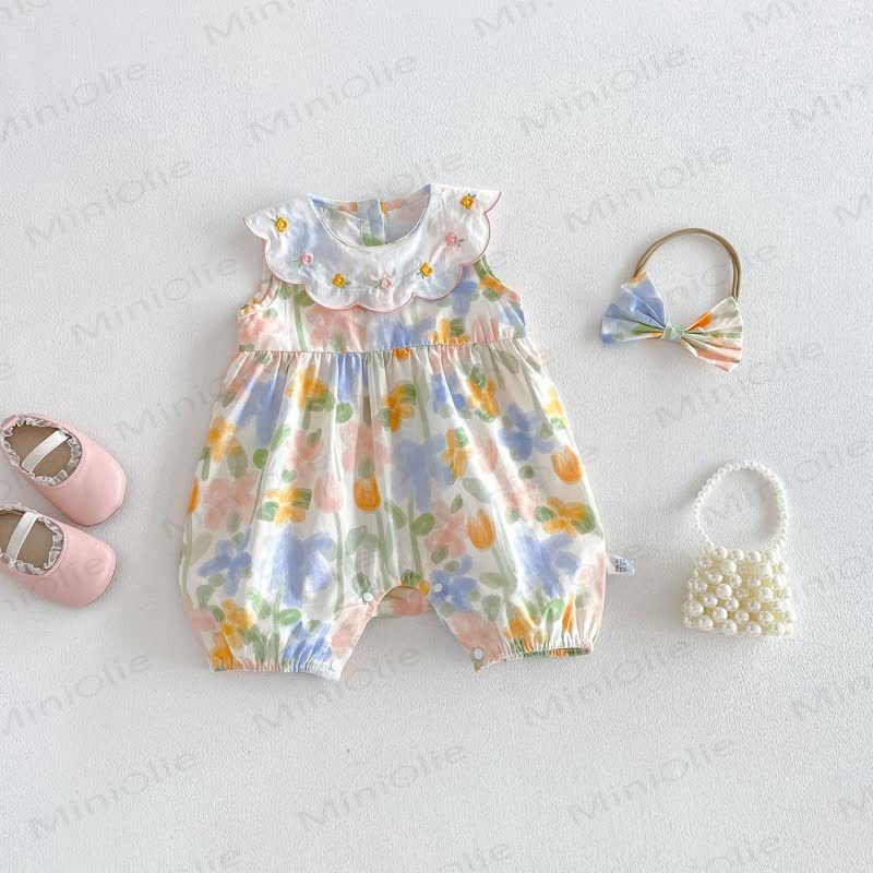 Baby Girl Floral Ruffle Sleeveless Romper with Headband - image 2