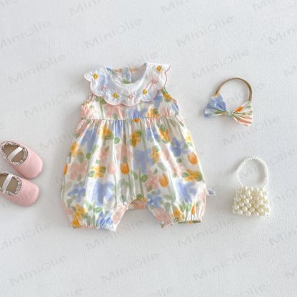 Baby Girl Floral Ruffle Sleeveless Romper with Headband - image 2