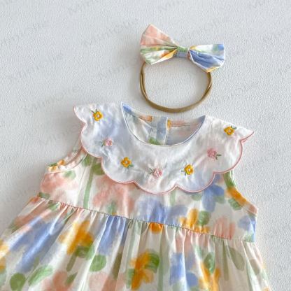 Baby Girl Floral Ruffle Sleeveless Romper with Headband - image 3