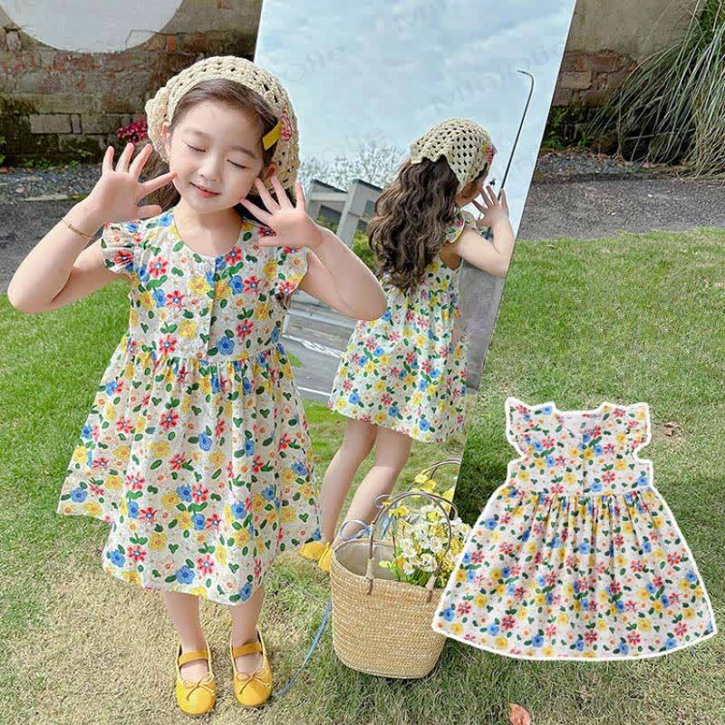Toddler Girls Beige Cotton Floral Print Aline Dress - Beige - 8-9T - image 1