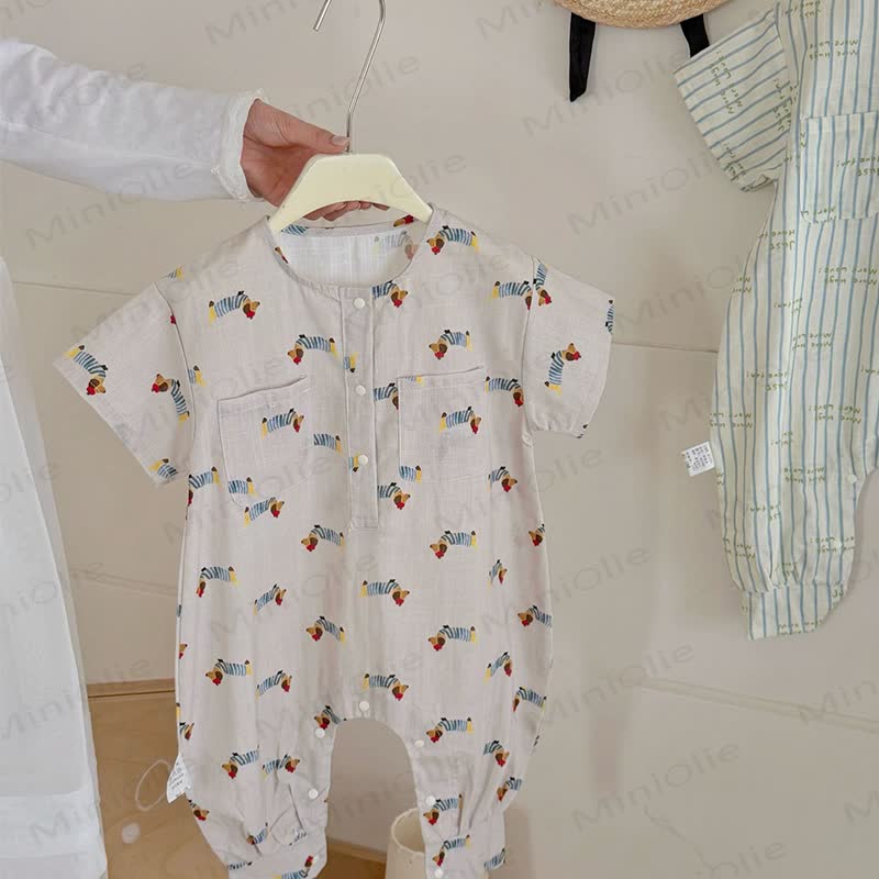 Toddler Animal/Dot/Stripe Print Snap Romper - Beige Daschund - 4-5T - image 2