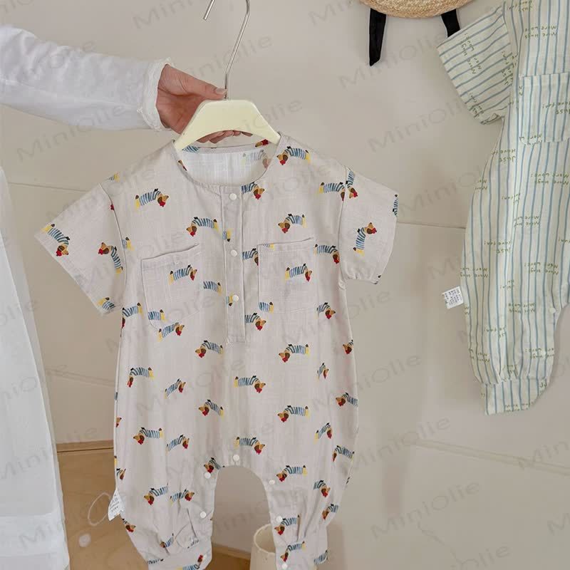 Toddler Animal/Dot/Stripe Print Snap Romper - Beige Daschund - 4-5T - image 2