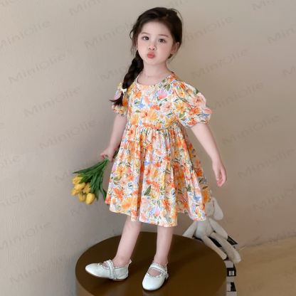 Toddler Girl Orange Floral Print Princess Dress - image 1
