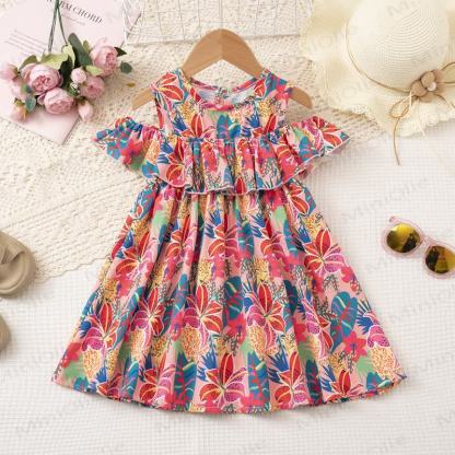 Toddler Girl Floral and Leaves Print Aline Dress - Green - 6-7T - image 4