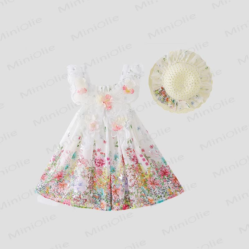 Toddler Kid Girls Floral Tulle Sleeveless Dress with Hat - White - 10-11T - image 1