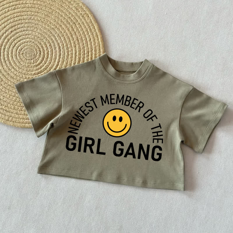 NEWEST MEMBER OF THE GIRL GANG Baby Smiling Face Summer Casual T-Shirt - Grey Green - 2-3T - image 1