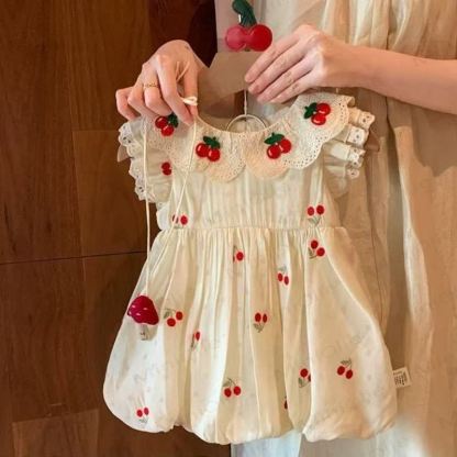 Baby Girls Cotton Lace Cherry Print Sleeveless Dress - Beige - 6-7T - image 1