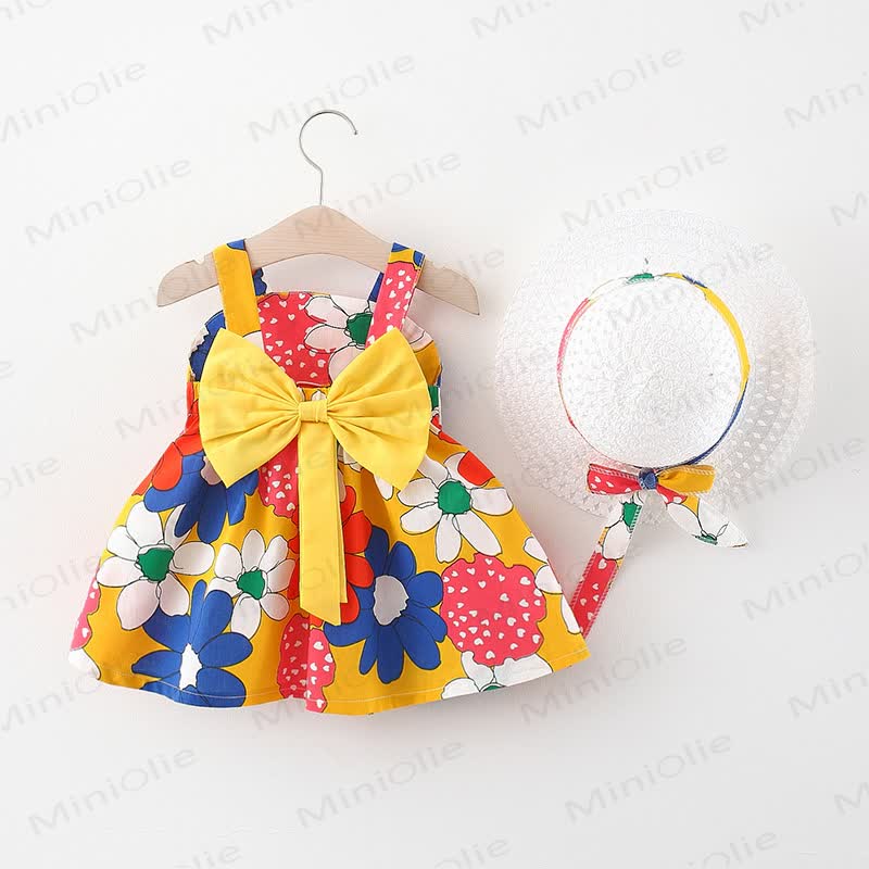 Baby Toddler Girls Cotton Floral Bow Sleeveless Dress with Hat - Yellow - 3-4T - image 1