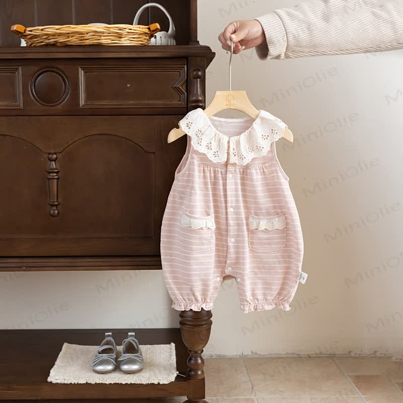 Baby Pink Striped Lace Collar Sleeveless Romper - Pink - 18-24M - image 1