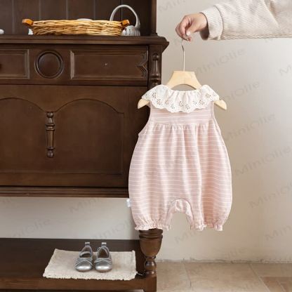 Baby Pink Striped Lace Collar Sleeveless Romper - image 2