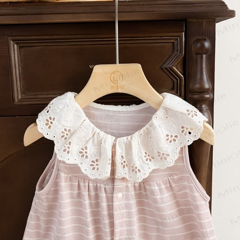 Baby Pink Striped Lace Collar Sleeveless Romper - image 3