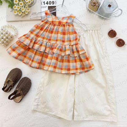 Toddler Kid Girls Orange Gingham Bow Tank Top and Solid White Pants Set - Orange - 10-11T - image 1