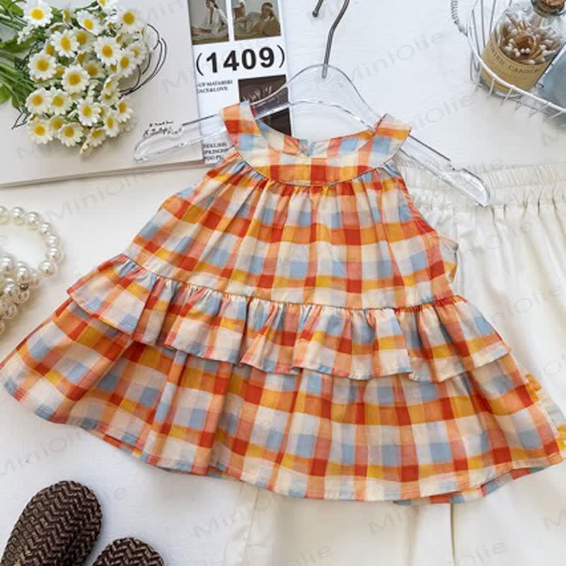 Toddler Kid Girls Orange Gingham Bow Tank Top and Solid White Pants Set - image 2