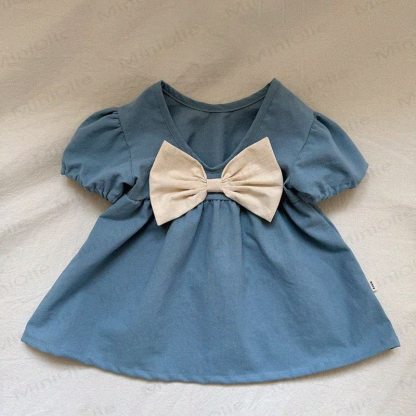 Baby Girls Cotton Floral Print Bows Dress - Blue - 3-4T - image 2
