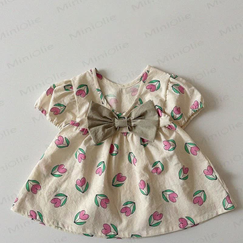 Baby Girls Cotton Floral Print Bows Dress - Beige - 3-4T - image 5