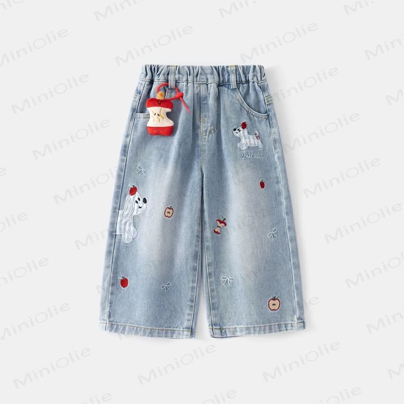 Toddler Girls Dog and Apple Print Denim Pants - Blue - 8-9T - image 1