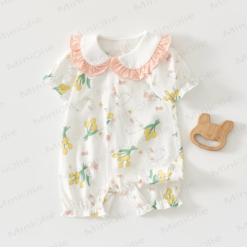 Baby Animal/Floral Peter Pan Collar Romper - White Rabbit - 18-24M - image 1