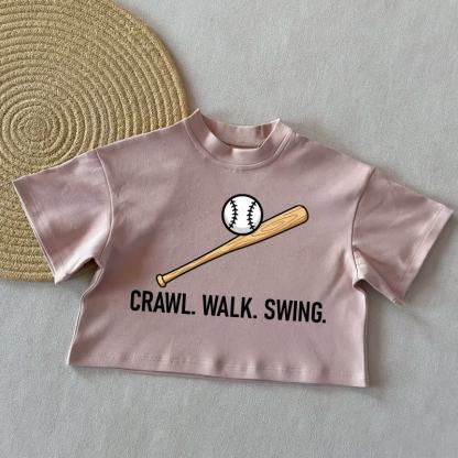 CRAWL. WALK. SWING. Baby Baseball Summer Casual T-Shirt - Coral Pink - 2-3T - image 3