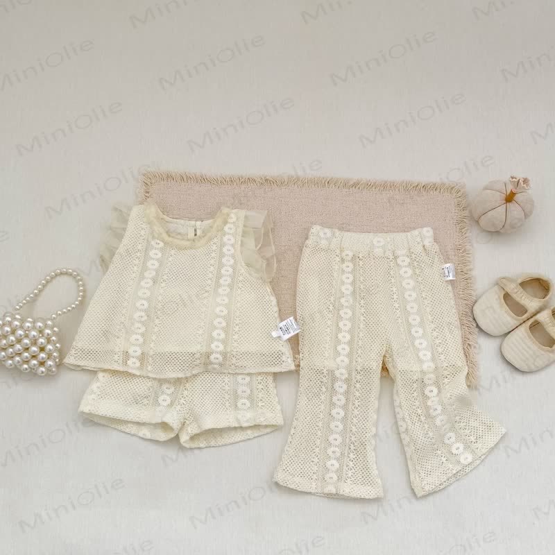 Baby Girls Lace Solid Beige Pants or Tank Top and Shorts Set - image 1