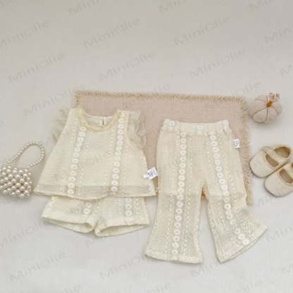 Baby Girls Lace Solid Beige Pants or Tank Top and Shorts Set - image 1