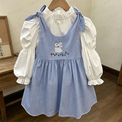 Toddler Girls Blue Cotton Rabbit Print Gingham Dress - image 2