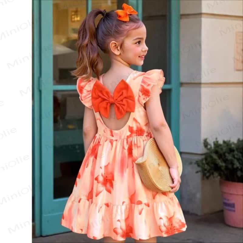 Toddler Girls Floral Bow Back Sleeveless Dress - Orange - 6-7T - image 1