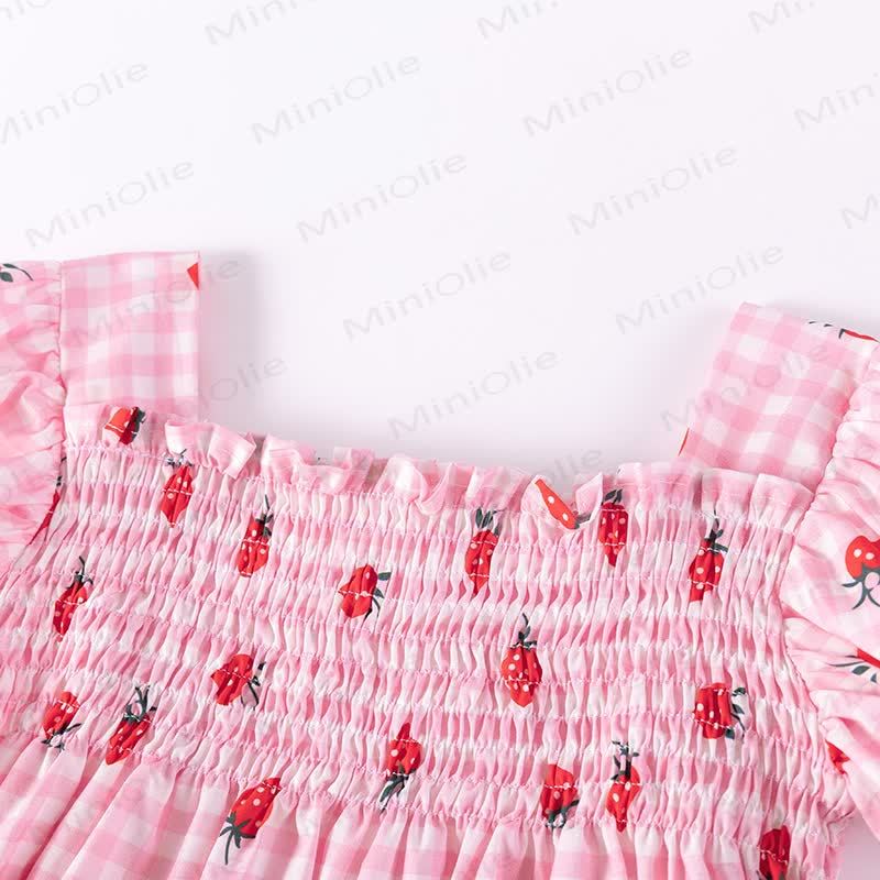 Toddler Girls Strawberry Print Pink Gingham Puff Sleeves Dress - image 3