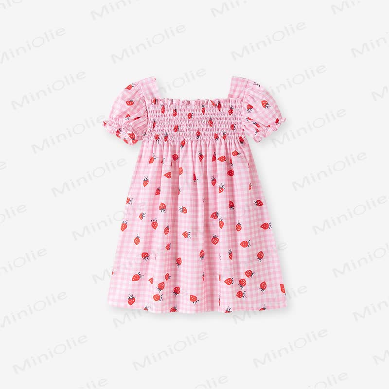Toddler Girls Strawberry Print Pink Gingham Puff Sleeves Dress - Pink - 8-9T - image 2