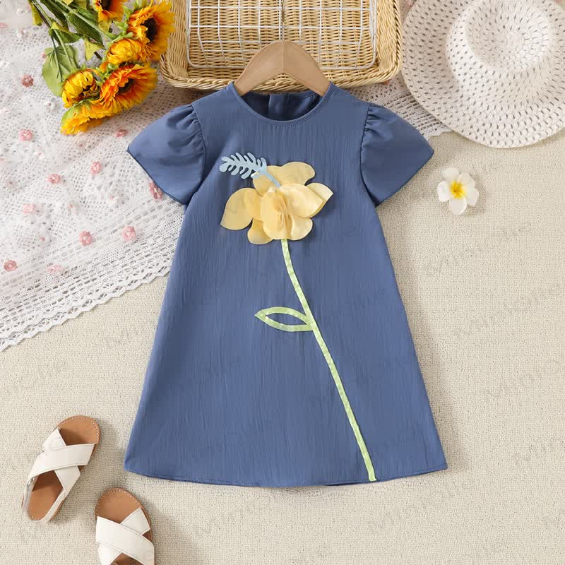 Toddler Girls 3D Yellow Flower A Line Dress - Blue - 6-7T - image 2