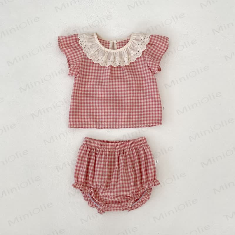 Baby Girls Pink Gingham Lace Top and Shorts Set - Pink - 3-4T - image 2