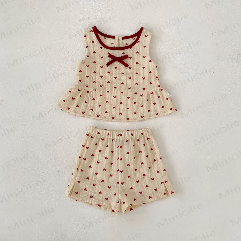 Toddler Girls Heart Print Bow Tank Top and Shorts Set - Apricot - 6-7T - image 2