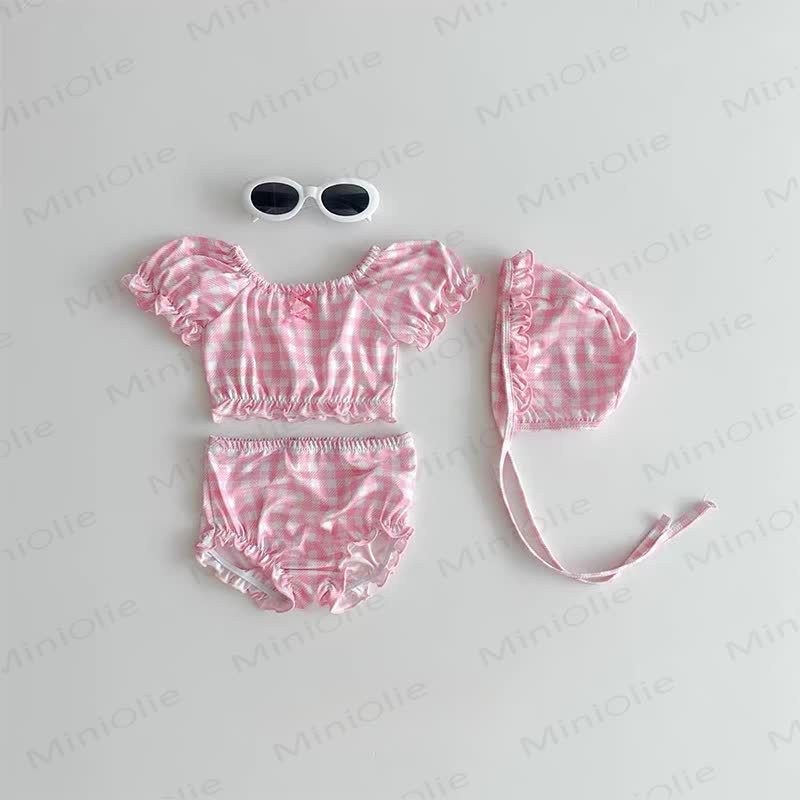 Baby Dot/Plaid Ruffle Swimsuit Set With Hat - Pink Plaid - 2-3T - image 3