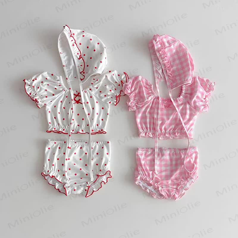 Baby Dot/Plaid Ruffle Swimsuit Set With Hat - image 1