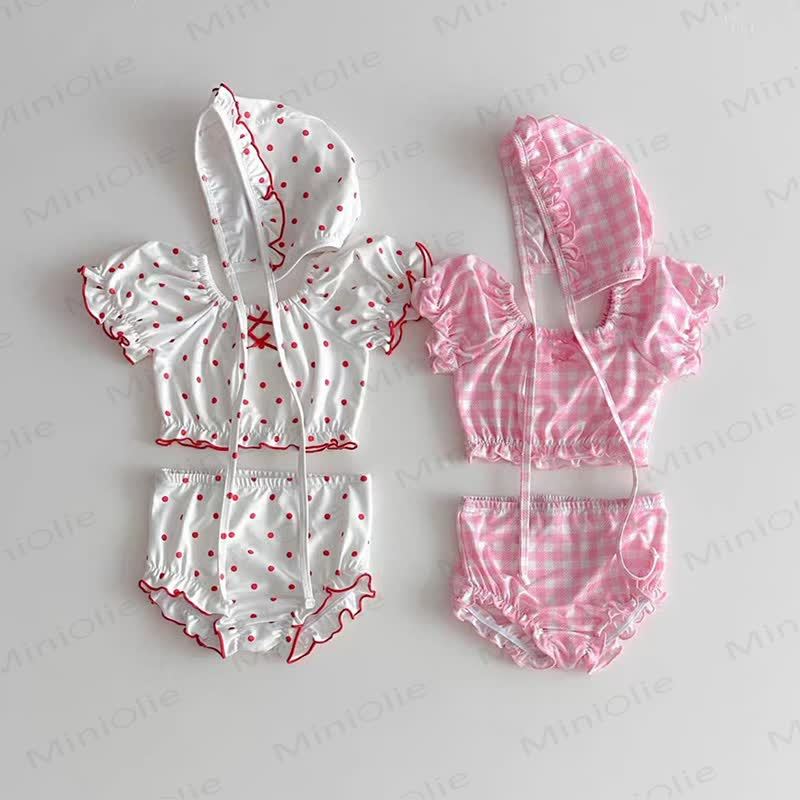 Baby Dot/Plaid Ruffle Swimsuit Set With Hat - image 1