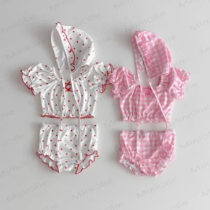 Baby Dot/Plaid Ruffle Swimsuit Set With Hat - image 1