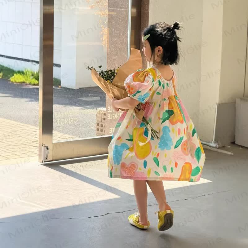 Toddler Girl Cotton Floral Puff Sleeves Dress - Yellow - 12-13T - image 1