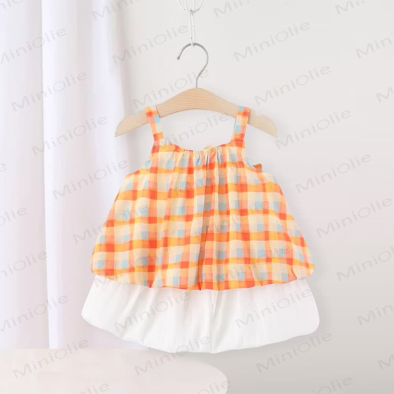 Baby Orange Gingham Cotton Bow Sleeveless Tank Top and Shorts Set - image 2