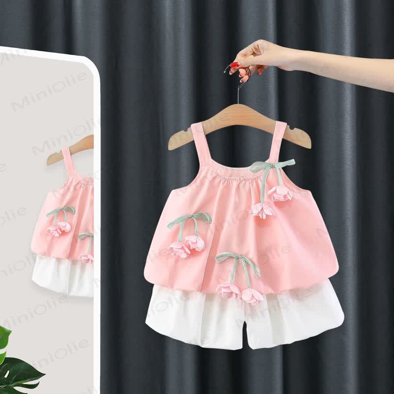 Baby Girls Pink Flower Cotton Tank Top and Shorts Set - image 1