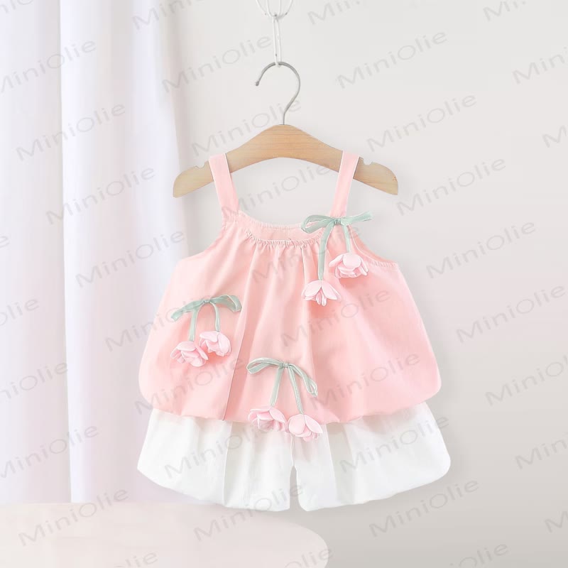 Baby Girls Pink Flower Cotton Tank Top and Shorts Set - Pink - 3-4T - image 3