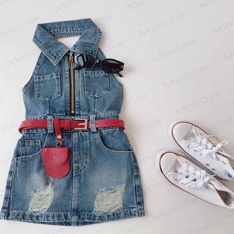 Toddler Kid Girls Solid Navy Denim Sleeveless Dress - Blue - 10-11T - image 1