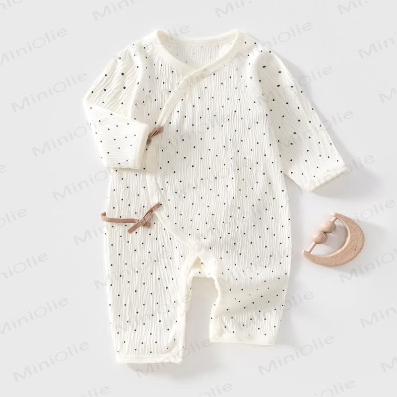 Baby Bowknot Dot/Bear Front Placket Button Romper - White Dot - 3-6M - image 2