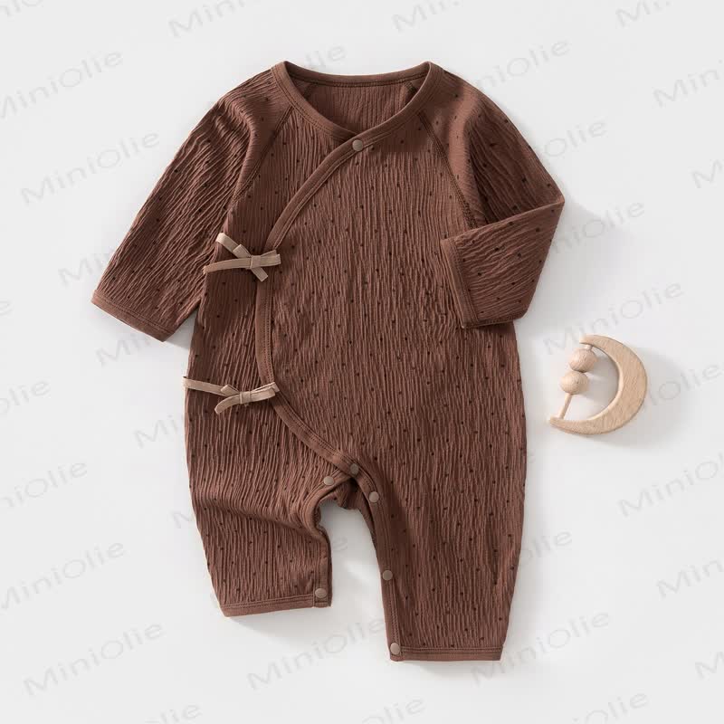 Baby Bowknot Dot/Bear Front Placket Button Romper - Brown Dot - 3-6M - image 3