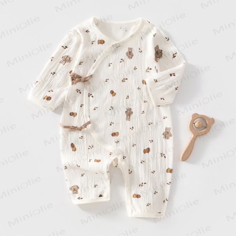 Baby Bowknot Dot/Bear Front Placket Button Romper - White Bear - 3-6M - image 4