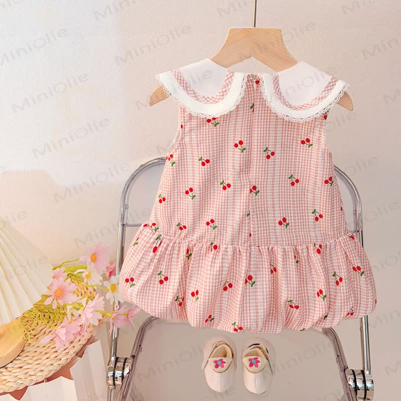Baby Toddler Girls Cotton Bows Gingham Cherry Print Sleeveless Dress  - image 3
