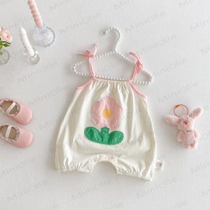 Baby Girl Flower/Rabbit Strap Romper - Beige Flower - 18-24M - image 2