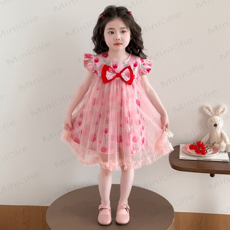 Toddler Girls Pink Floral Print Bow Tulle Sleeveless Dress - Pink - 8-9T - image 2