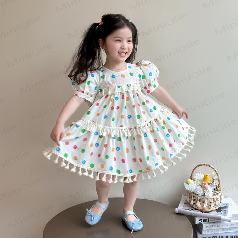 Toddler Girls Cotton Puff Sleeves Polka Dot Dress - Beige - 8-9T - image 1