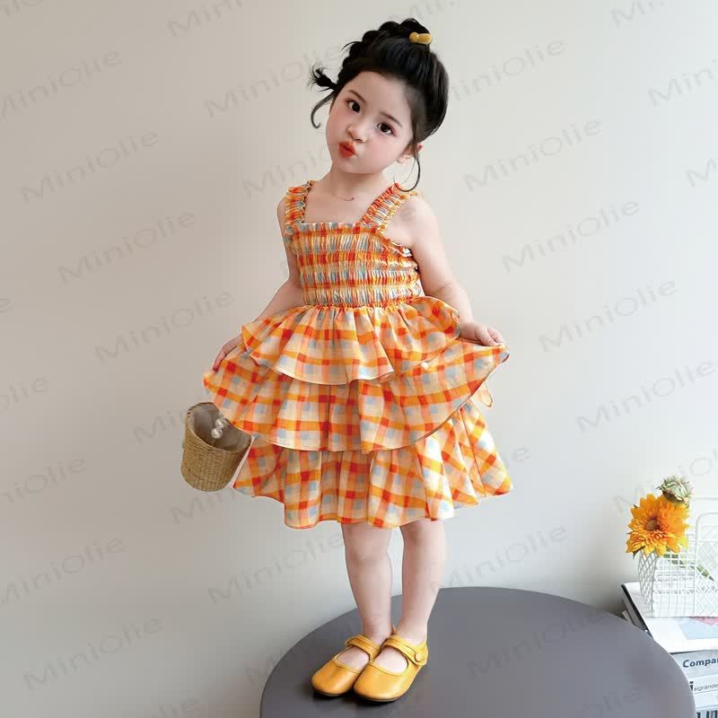 Toddler Girls Cotton Orange Gingham Sleeveless Dress - Orange - 8-9T - image 2